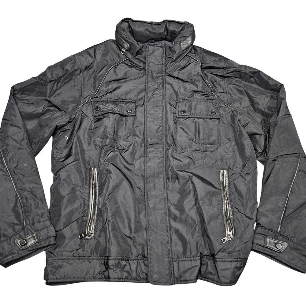 Andrew Marc Utility Jacket Mens XL Black Leather Trim Hooded Field Coat Street